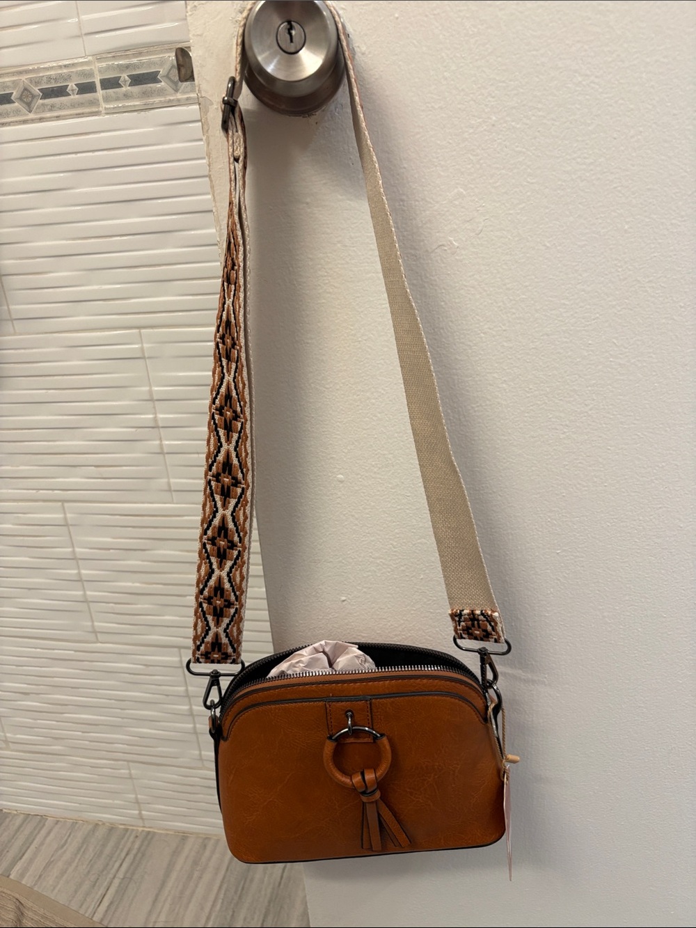Women’s Tan Crossbody Shoulder  Faux Leather Bag with Decorative Strap